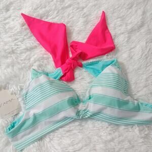 SAHA Aqua stripes Pink Bow Bikini Top Size M
